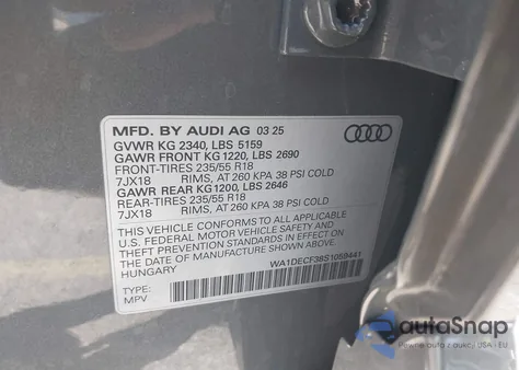 2025 Audi Q3 Premium 45 Tfsi S Line Quattro Tiptronic z USA, uszkodzony, nr VIN WA1DECF38S1059441